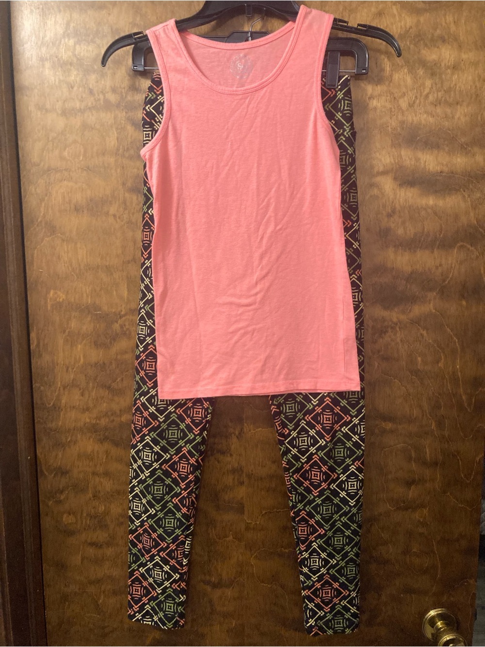 LuLaRoe Kids Leggings with Black Geometric Print and Coral Tank